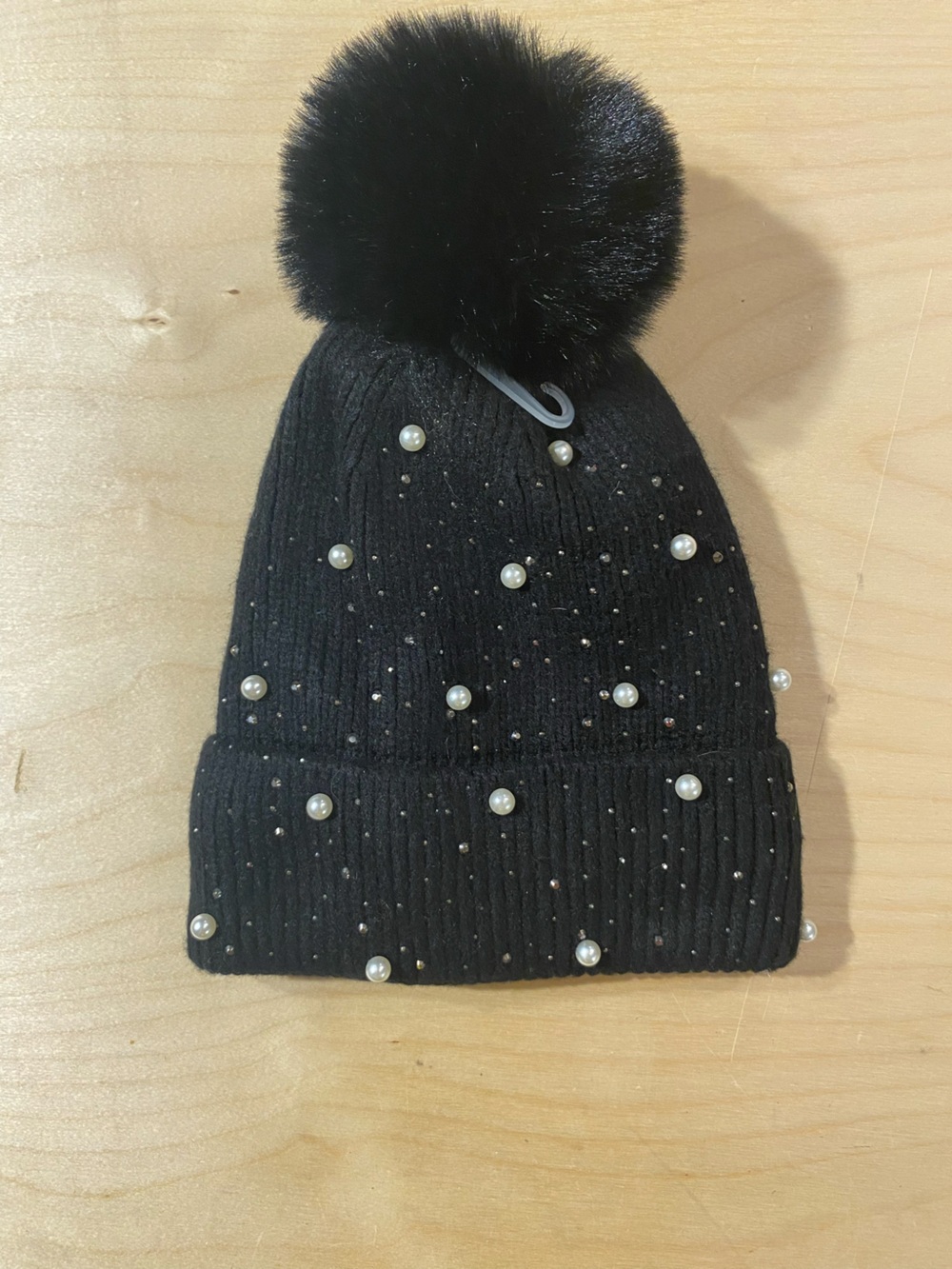Black Pearl-Embellished Pom Beanie - Women's Winter Hat (BM)